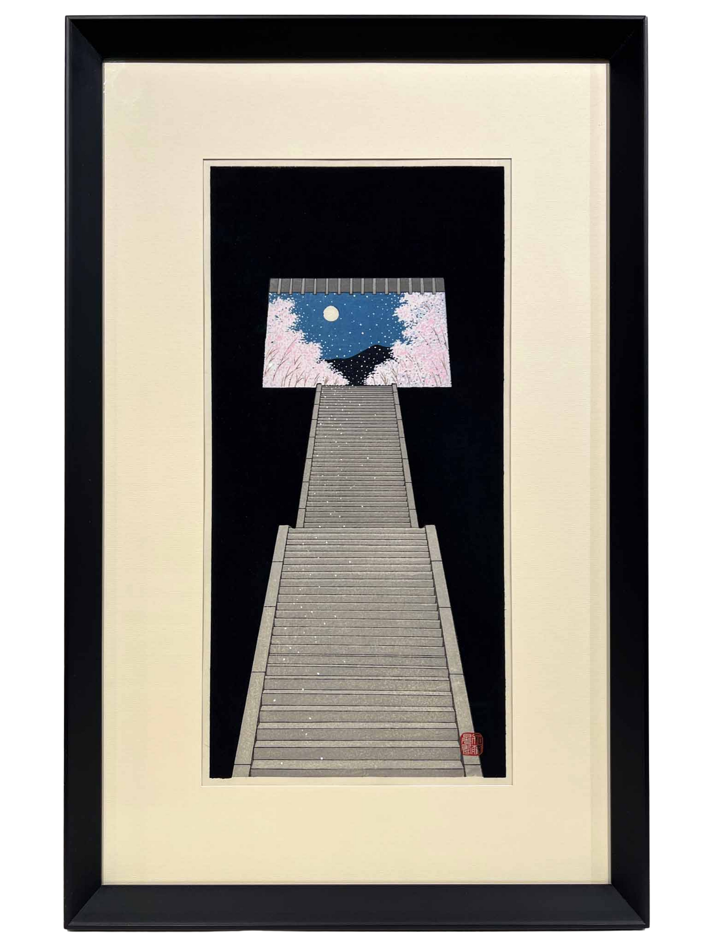 estampe japonaise contemporaine, un escalier monte dans le noir et debouche sur des cerisiers en fleurs une nuit de pleine lune, encadrée avec un cadre en pente noir