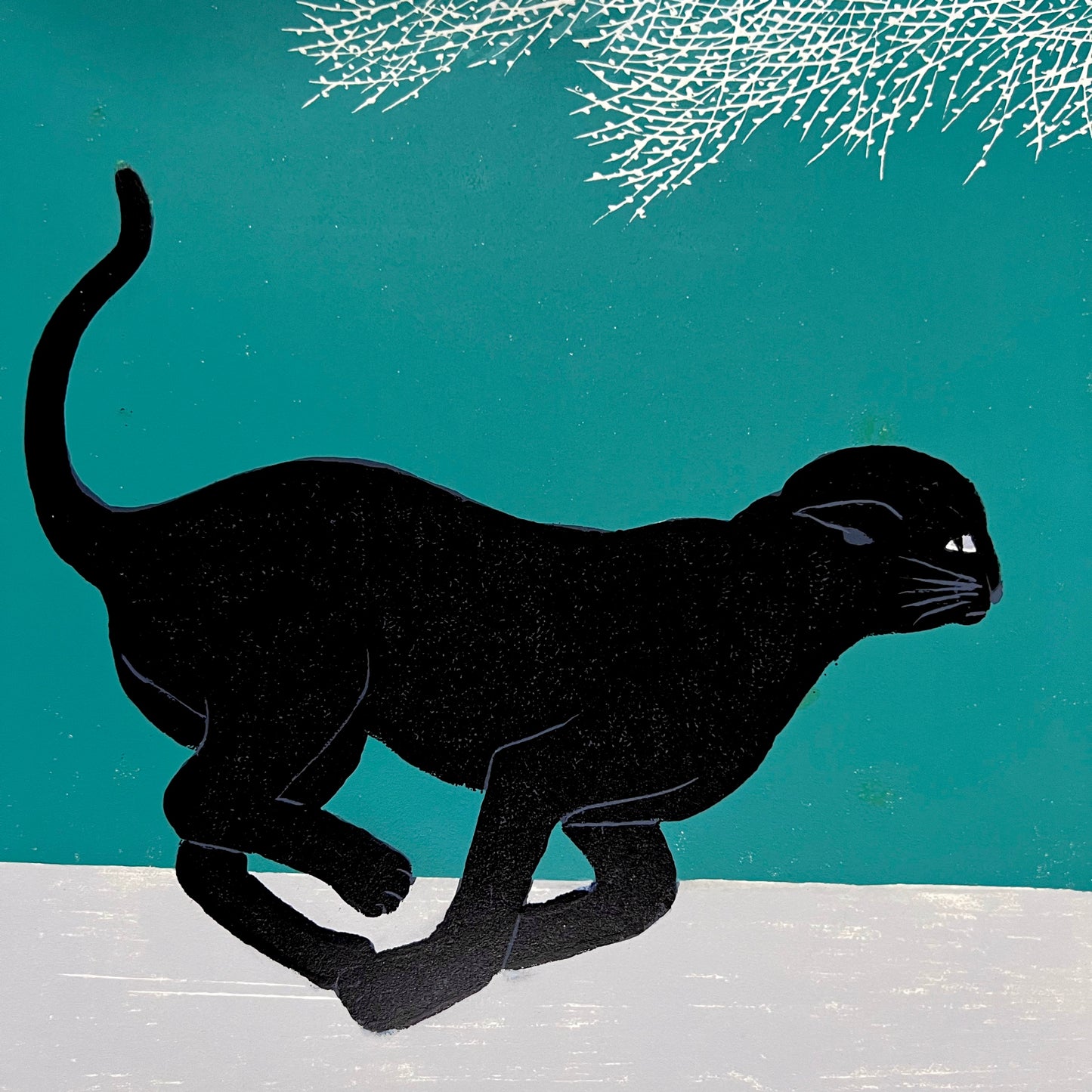 estampe japonaise chat noir courant, fond vert céladon, de Nishida Tadashige, détail