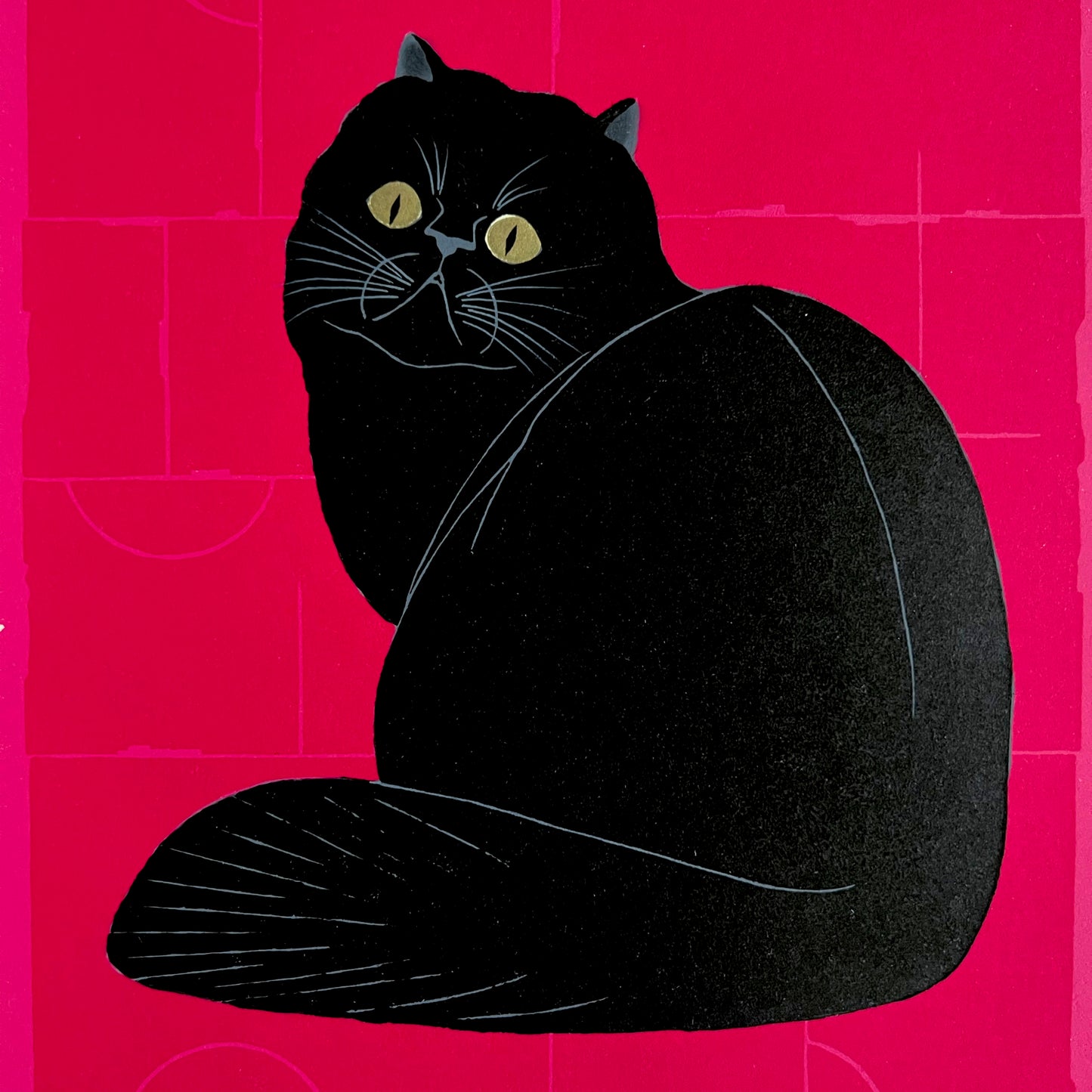 Estampe de Nishida Tadashige look back chat noir, gros plan sur le chat