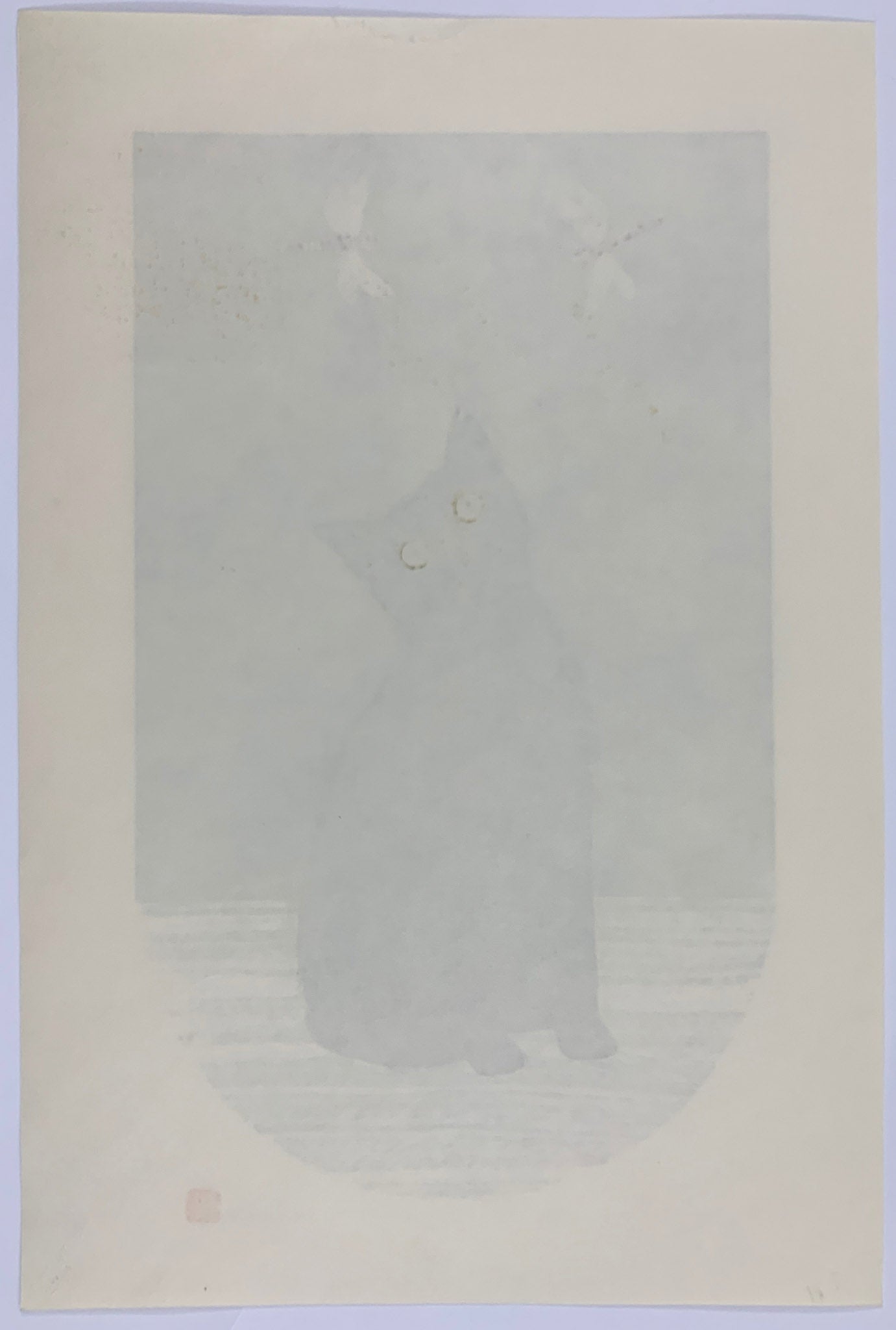 Estampe Japonaise de Nishida, Chat noir regardant deux Libellules