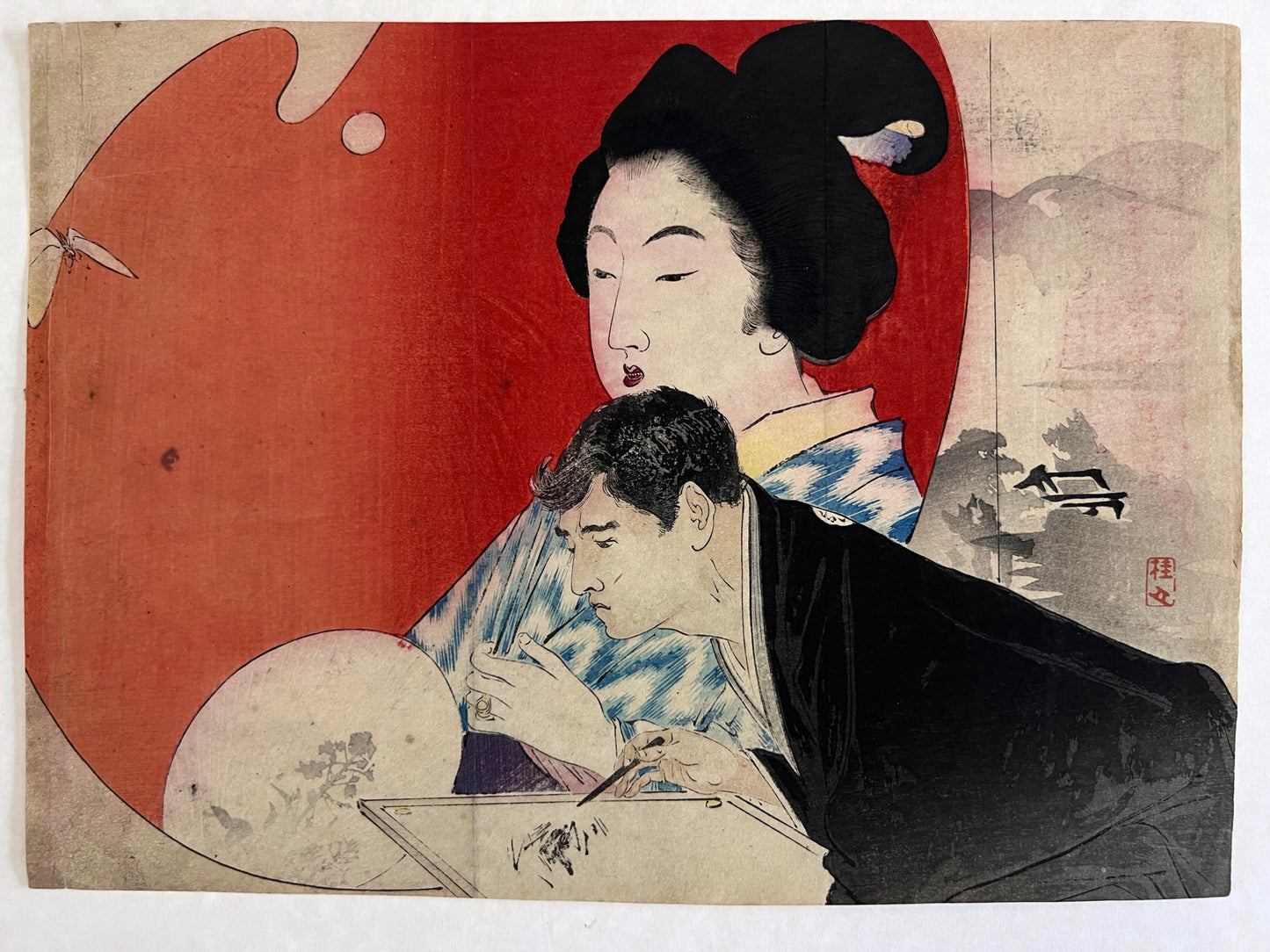 estampe kuchi-e de Takeuchi Keishu Kannon en robe blanche