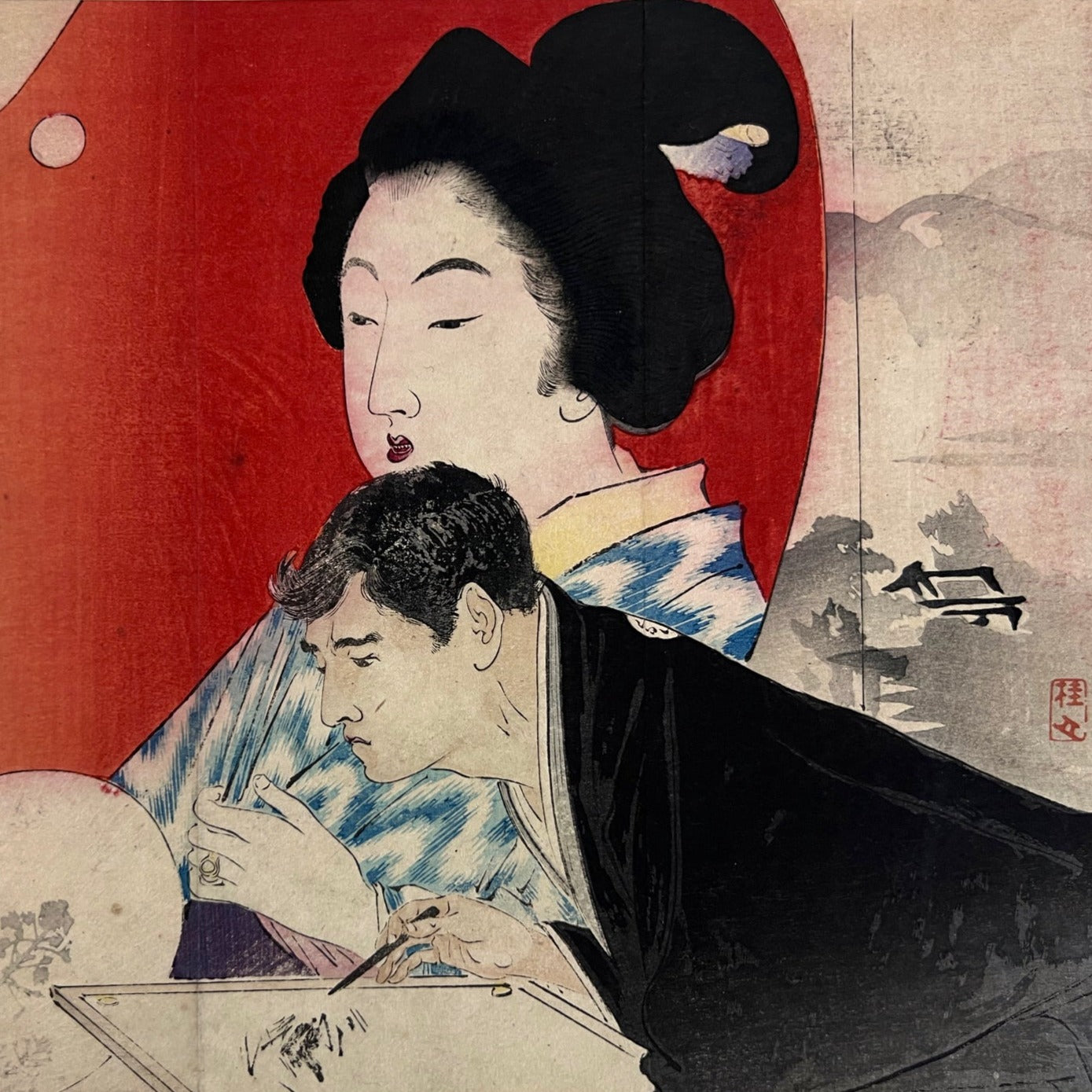 estampe kuchi-e de Takeuchi Keishu Kannon en robe blanche, un homme écrit une lettre, une courtisane sur cartouche rouge derrière lui