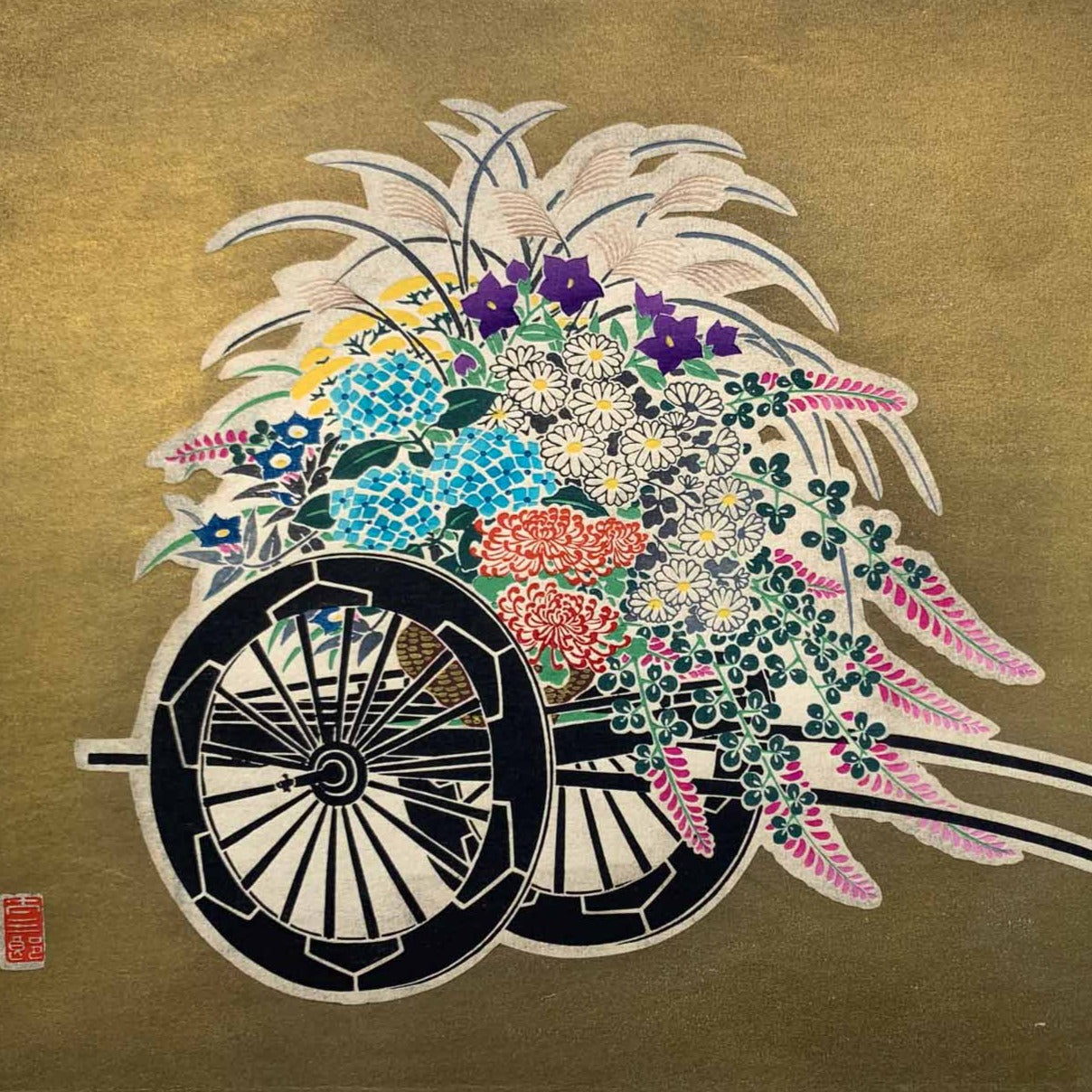 estampe japonaise shin hanga de tasaburo takahashi chariot de fleurs d'été, gros plan sur les fleurs