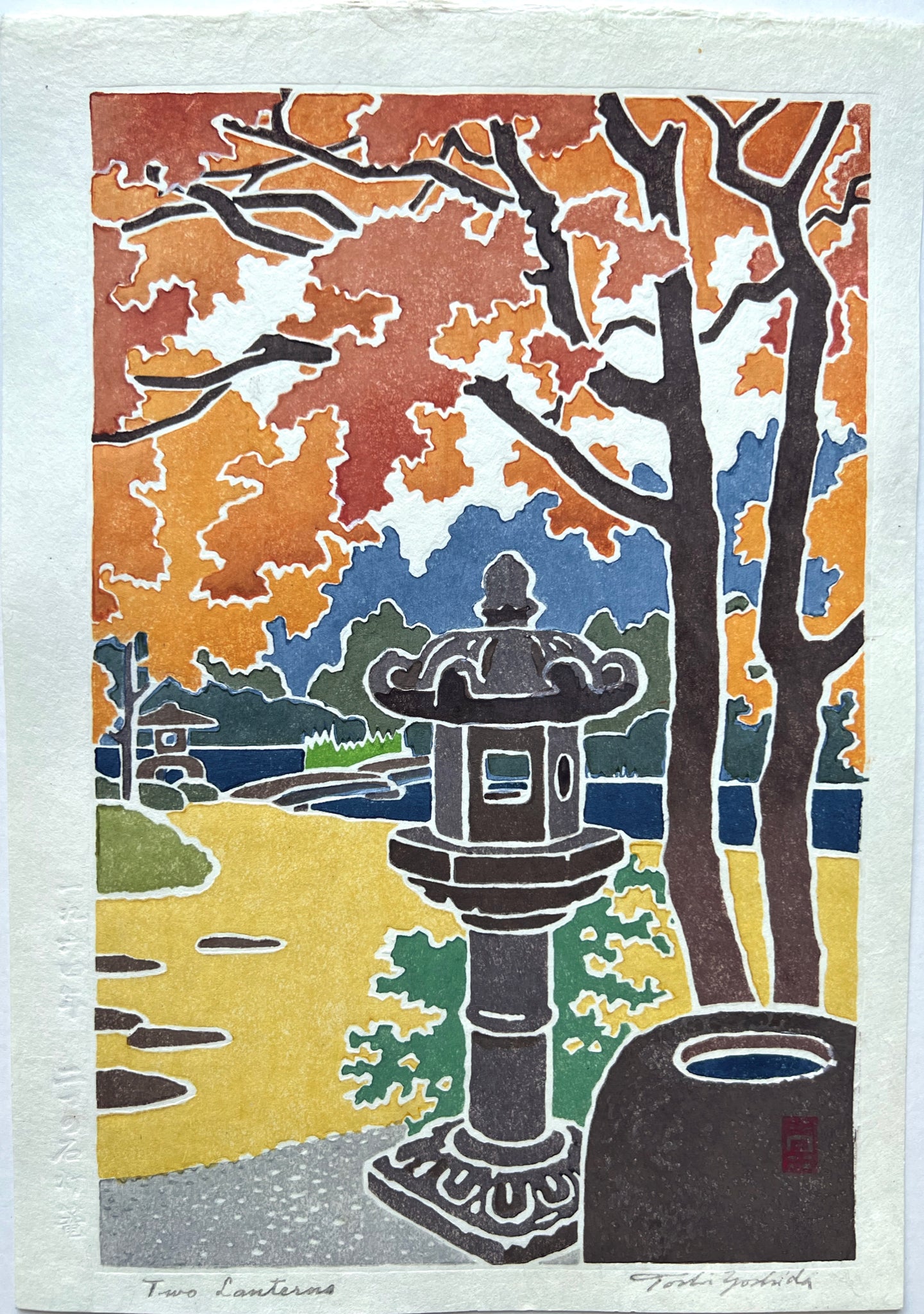 estampe japonaise de yoshida toshi deux lanternes en automne