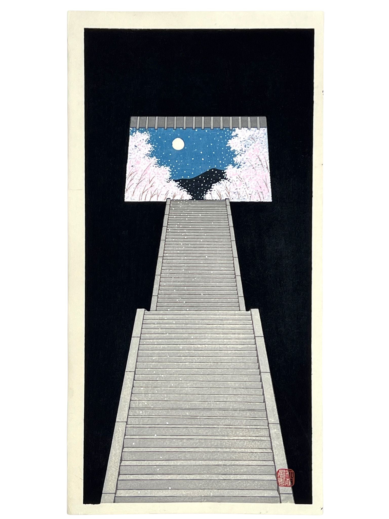 estampe japonaise contemporaine, un escalier monte dans le noir et debouche sur des cerisiers en fleurs une nuit de pleine lune