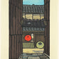 Estampe Japonaise de Nishijima Katsuyuki, rue de  quartier gion kyoto, parapluies rouge et vert clair séchant après la pluie. Maisons traditionnelles japonaises en bois. 