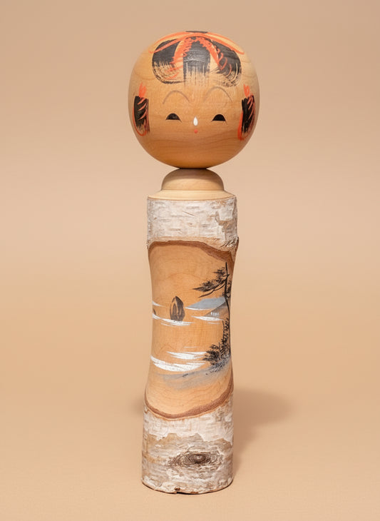 Kokeshi souvenir bois naturel scène lac