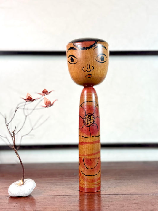Kokeshi traditionnelle Nakanosawa vintage à fleur de pivoine rouge, 24 cm