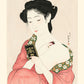 Estampe Japonaise d'une femme se mettant de la poudre blanche sur le coup, magnifique kimono rouge