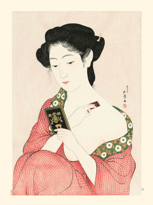 Estampe Japonaise d'une femme se mettant de la poudre blanche sur le coup, magnifique kimono rouge