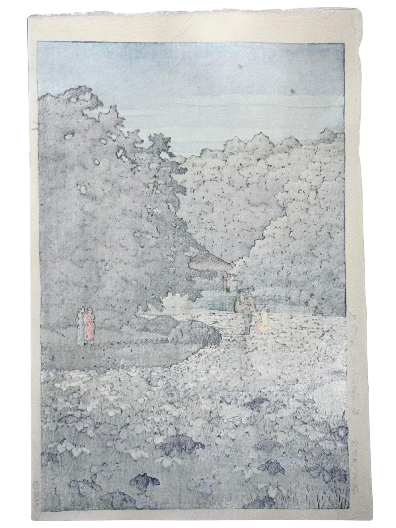 estampe japonaise de Kawase Hasui le jardin d'iris du temple Meiji à Tokyo, verso de l'estampe
