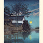 Estampe Japonaise d'un paysage de nuit, pleine lune se reflétant sur la rivière, des barques. 