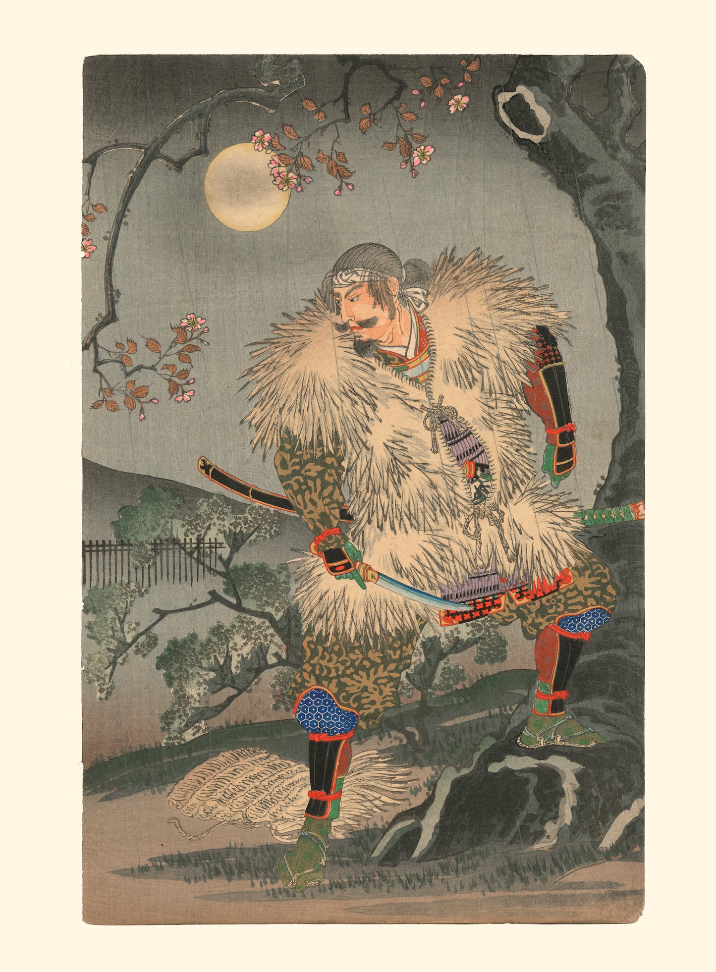 Estampe japonaise de Nobukazu, un samourai sous un cerisier en fleur une nuit de pleine lune