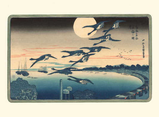 tirage d'art vol d'oies sauvage sur la baie de Takanawa une nuit de pleine lune tout en dégradé de bleu