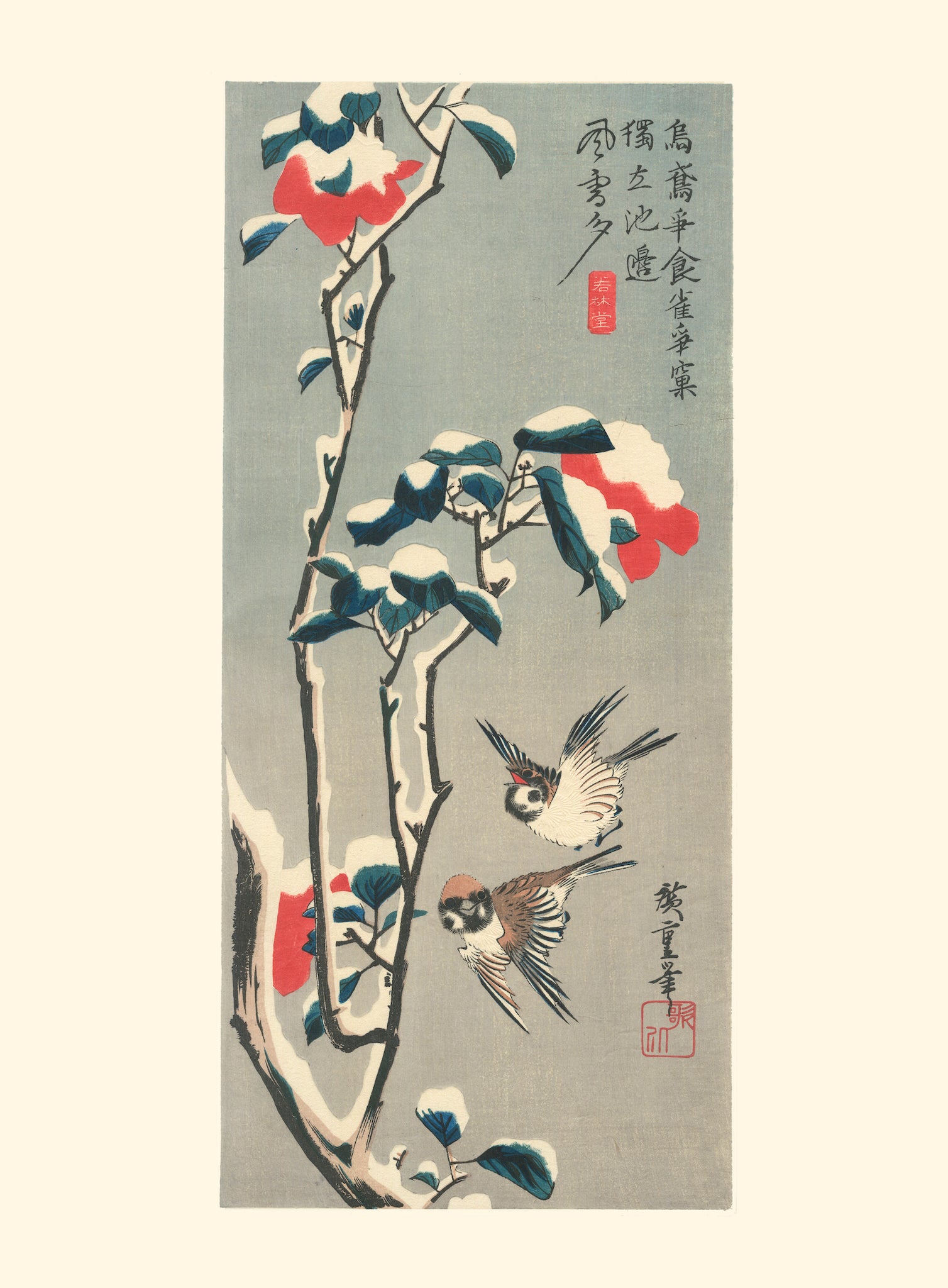 estampe japonaise de Hiroshige, moineaux et camélia rouge dans la neige, en reproduction Fine Art