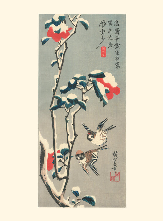 estampe japonaise de Hiroshige, moineaux et camélia rouge dans la neige, en reproduction Fine Art