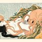estampe japonaise une pieuvre entoure une femme nue allongée avec ses tentacules et lui donne du plaisir, sa bouche collée sur le sexe de la femme