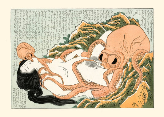 estampe japonaise une pieuvre entoure une femme nue allongée avec ses tentacules et lui donne du plaisir, sa bouche collée sur le sexe de la femme