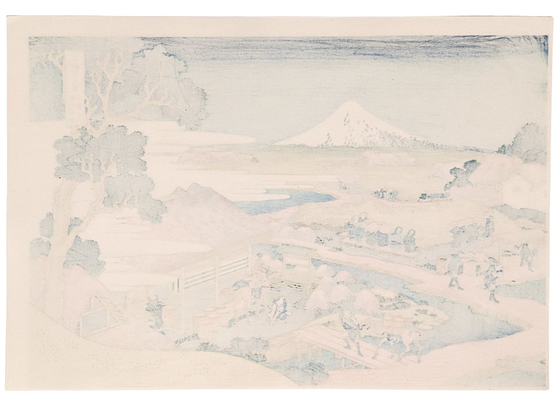 Estampe japonaise de Hokusai représentant une plantation de thé à Katakura avec le Mont Fuji en arrière-plan, verso de l'estampe