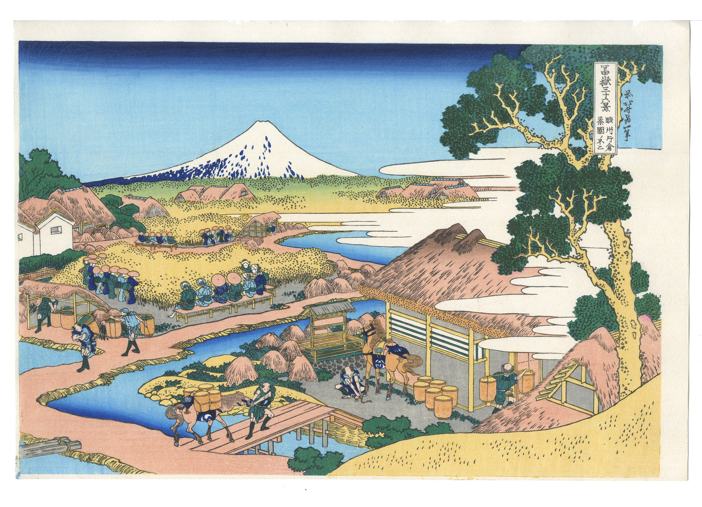 Estampe japonaise de Hokusai représentant une plantation de thé à Katakura avec le Mont Fuji en arrière-plan.