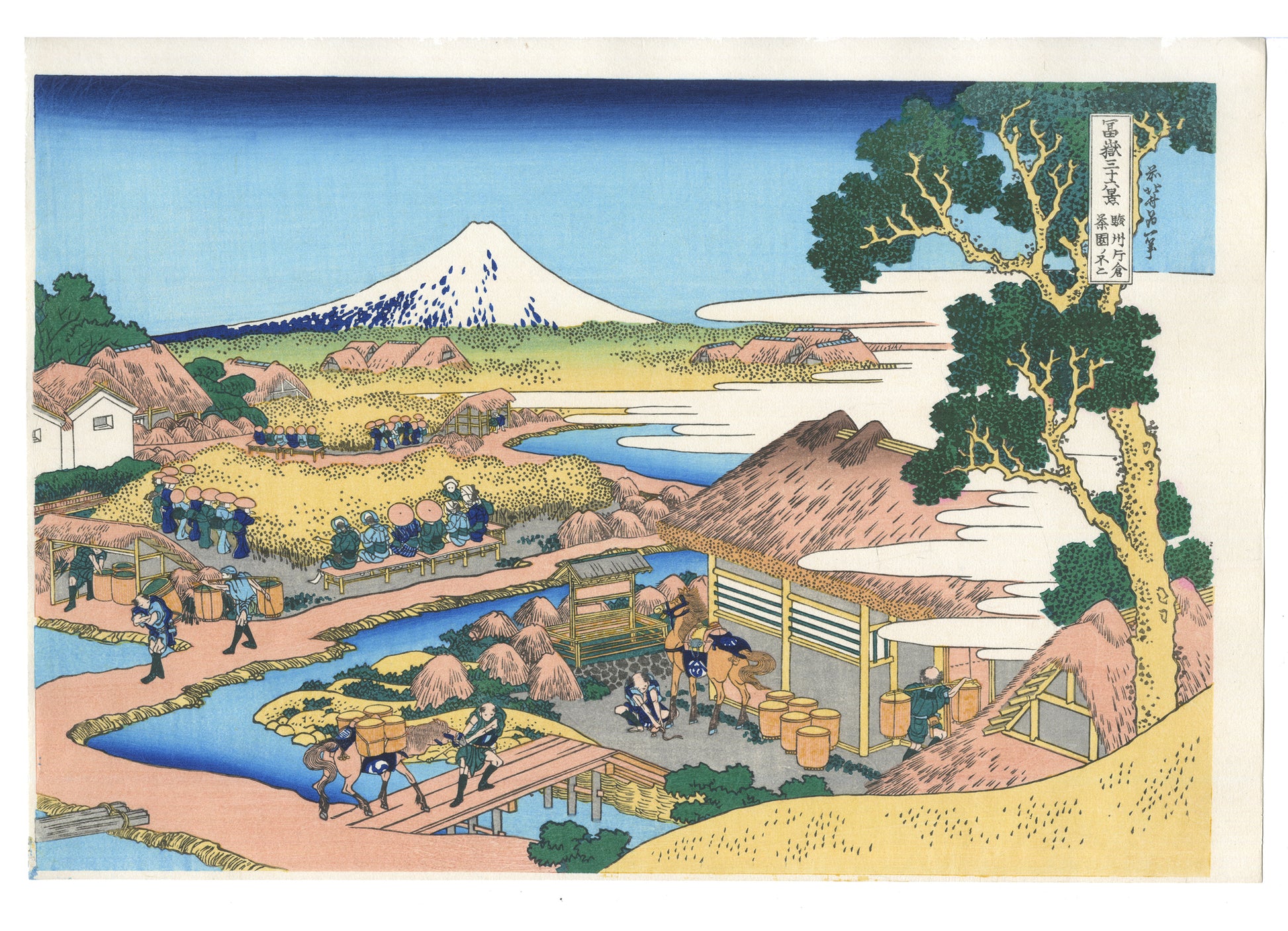 Estampe japonaise de Hokusai représentant une plantation de thé à Katakura avec le Mont Fuji en arrière-plan.