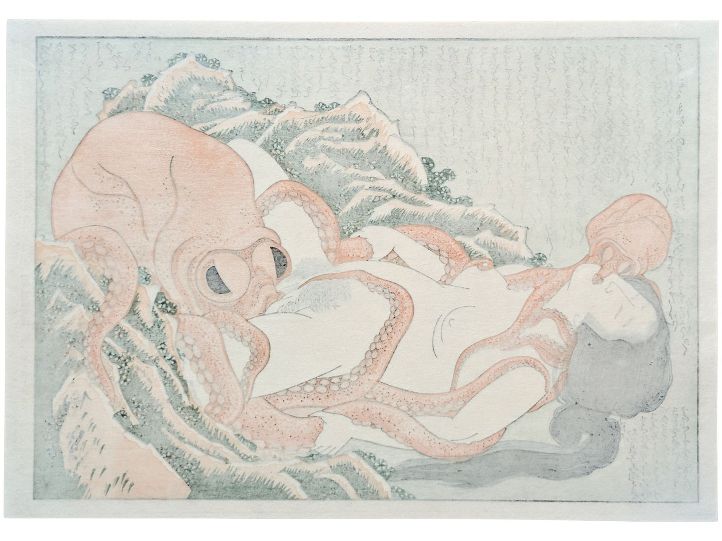 Estampe japonaise érotique de Hokusai représentant une pêcheuse enlacée par deux pieuvres, le verso de l'estampe.