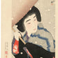 estampe japonaise femme sous parapluie neige tombant à gros flocons