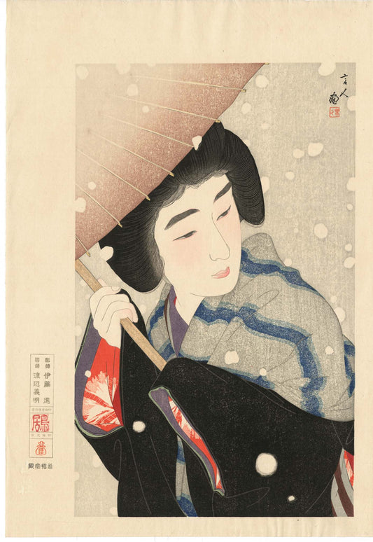 estampe japonaise femme sous parapluie neige tombant à gros flocons