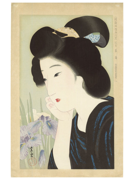 Estampe Japonaise de Kondô Shiun, femme contemplant des iris violets