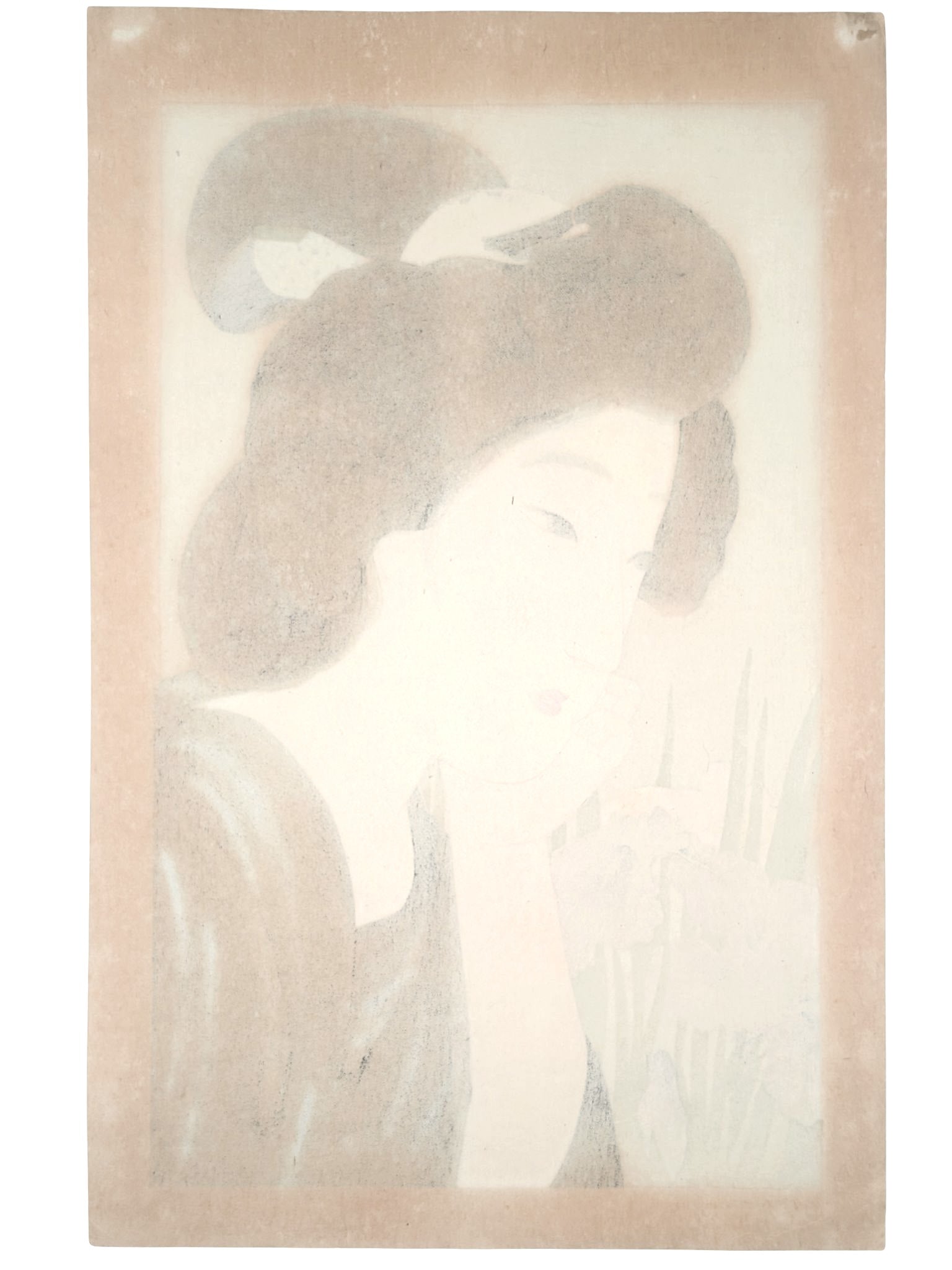 Estampe Japonaise de Kondô Shiun, femme contemplant des iris violets, verso de l'estampe