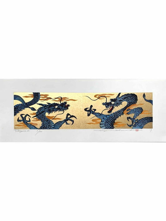 estampe japonaise moderne deux dragons bleu sur fond or se font face