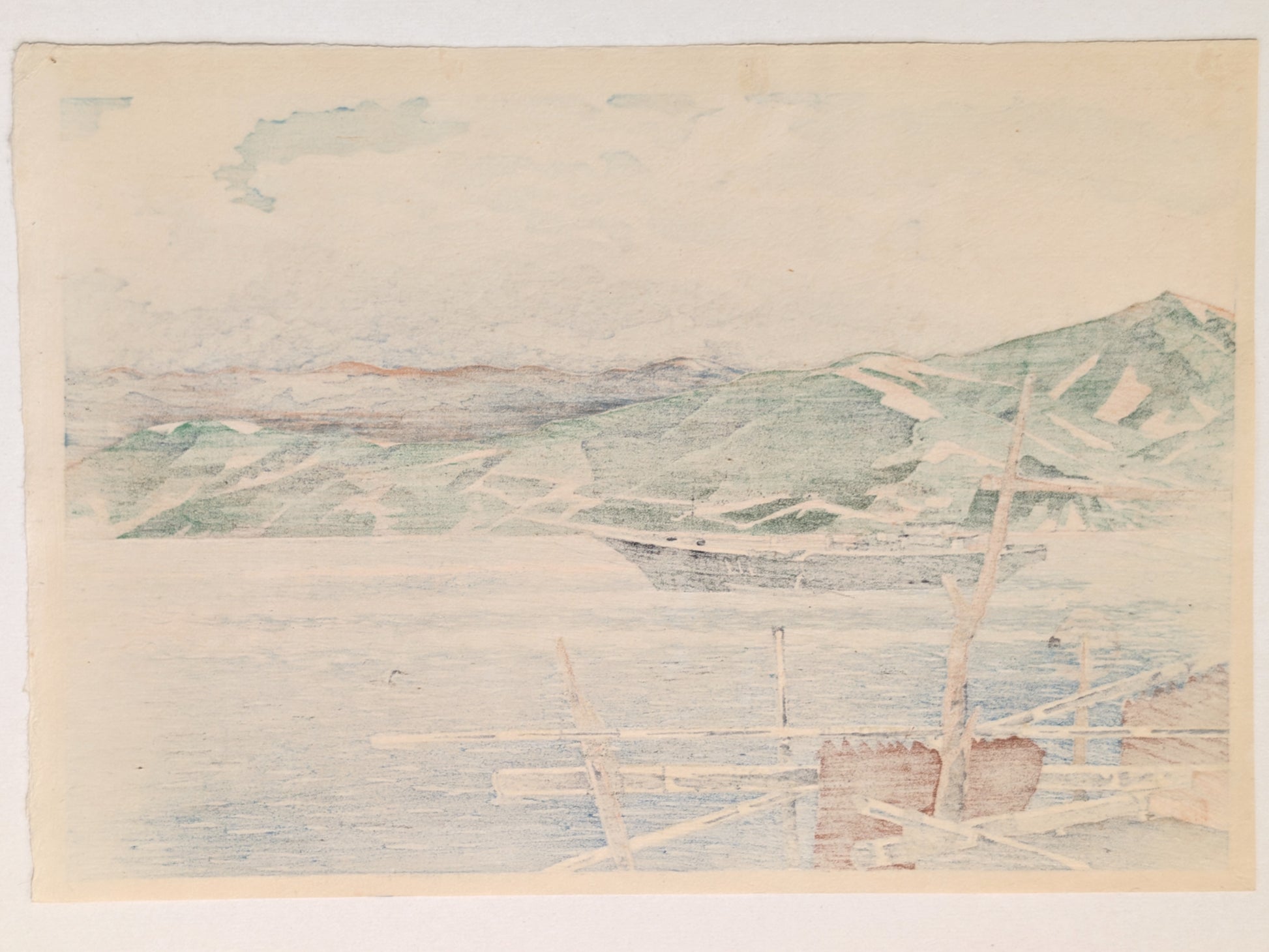 Estampe japonaise de paysage par Itō Shinsui représentant Ajiro au crépuscule, le verso de l'estampe