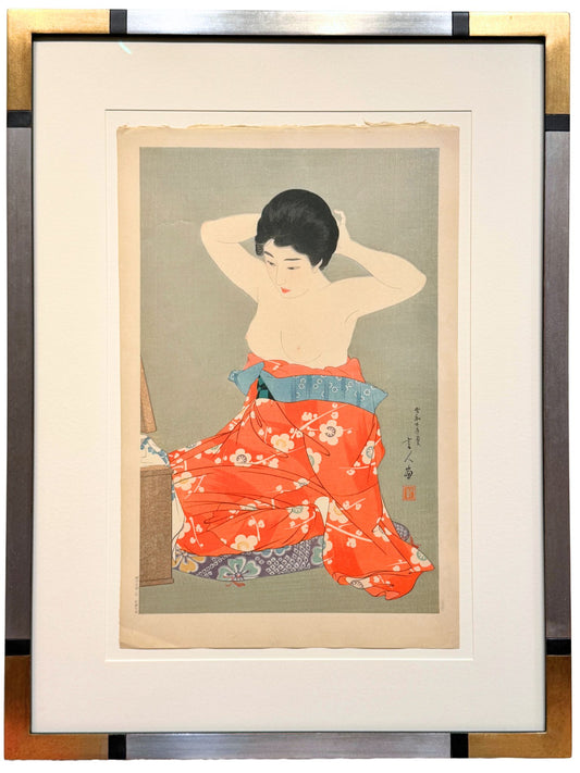 Estampe Japonaise de Torii Kotondo, maquillage devant le miroir