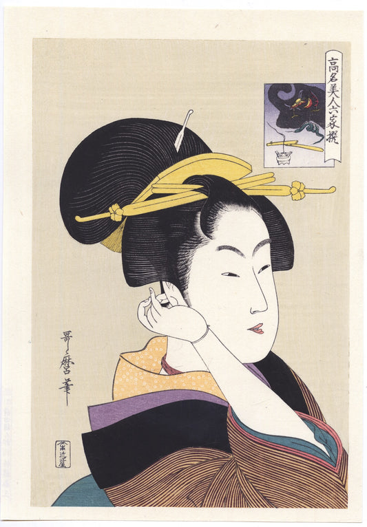 estampe japonaise Utamaro femme touchant son oreille kimono colorés 