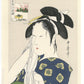 estampe japonaise utamaro femme avec serviette kimono bleu motifs jaunes