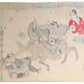 Estampe japonaise kuchi e montrant l'acteur Danjūrō  et une scène de deux hommes dont l'un à cheval. Le cheval se cabre faisant tomber l'autre au sol faisant voler un radis dans les airs. Scène de théâtre kabuki. Dos estampe.
