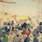 estampe japonaise en triptyque de Chikanobu, série Outer Chiyoda Palace, une foule agitée se précipite à la distribution de parapluie, au loin une pièce de théatre Nô sans spectateur, gros plan sur le peuple s'arrachant les parapluies