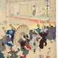 estampe japonaise en triptyque de Chikanobu, série Outer Chiyoda Palace, une foule agitée se précipite à la distribution de parapluie, au loin une pièce de théatre Nô sans spectateur, gros plan sur les personnages partant avec leur parapluie sur l'épaule