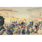 estampe japonaise en triptyque de Chikanobu, série Outer Chiyoda Palace, une foule agitée se précipite à la distribution de parapluie, au loin une pièce de théatre Nô sans spectateur