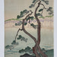 estampe japonaise en triptyque, deux seigneurs pêchant au bord d'un lac, pin et glycines en fleurs, les pins maritimes, partie centrale
