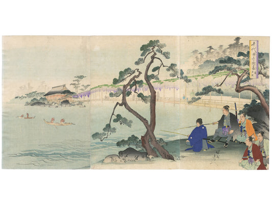 estampe japonaise en triptyque, deux seigneurs pêchant au bord d'un lac, pin et glycines en fleurs
