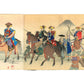 estampe japonaise en triptyque de Chikanobu, série Outer Chiyoda Palace, seigneurs à cheval revanant de la chasse, serviteurs portant des sangliers, Mont Fuji en arrière plan