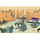 estampe japonaise en triptyque de Chikanobu, série Outer Chiyoda Palace, seigneurs s'inclinant devant le premier ochi de l'année, poetes écrivant les premiers poèmes de l'année, fond prunier en fleurs