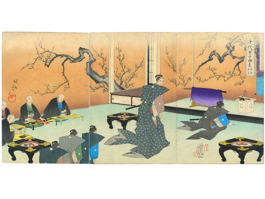 estampe japonaise en triptyque de Chikanobu, série Outer Chiyoda Palace, seigneurs s'inclinant devant le premier ochi de l'année, poetes écrivant les premiers poèmes de l'année, fond prunier en fleurs