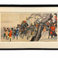 estampe japonaise en triptyque encadrée de Chikanobu, un défilé de samourai en armure sophistiquée prêt au combat, série Outer Chiyoda palace. avec cadre noir imitation laque japonaise
