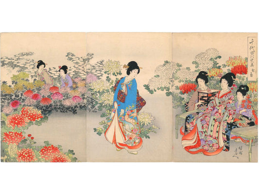 Estampe japonaise en triptyque de Chikanobu montrant des femmes de cour parmi des chrysanthèmes en fleurs, avec une boîte à piquenique en laque, scène d’automne au palais.