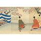 estampe japonaise en triptyque de Chikanobu, série Outer Chiyoda Palace, seigneurs jouant au ballon sous des cerisiers en fleurs