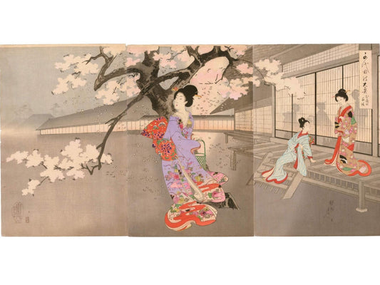 Estampe japonaise de Chikanobu montrant trois femmes de cour sous un cerisier en fleurs, dans une scène nocturne au palais impérial, avec kimonos et architecture traditionnelle.