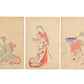 estampe japonaise en triptyque de Chikanobu, série Intérieur du palais Chiyoda, trois femmes dans des kimonos somptueux jouent avec un chien, verso