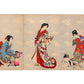 estampe japonaise en triptyque de Chikanobu, série Intérieur du palais Chiyoda, trois femmes dans des kimonos somptueux jouent avec un chien.